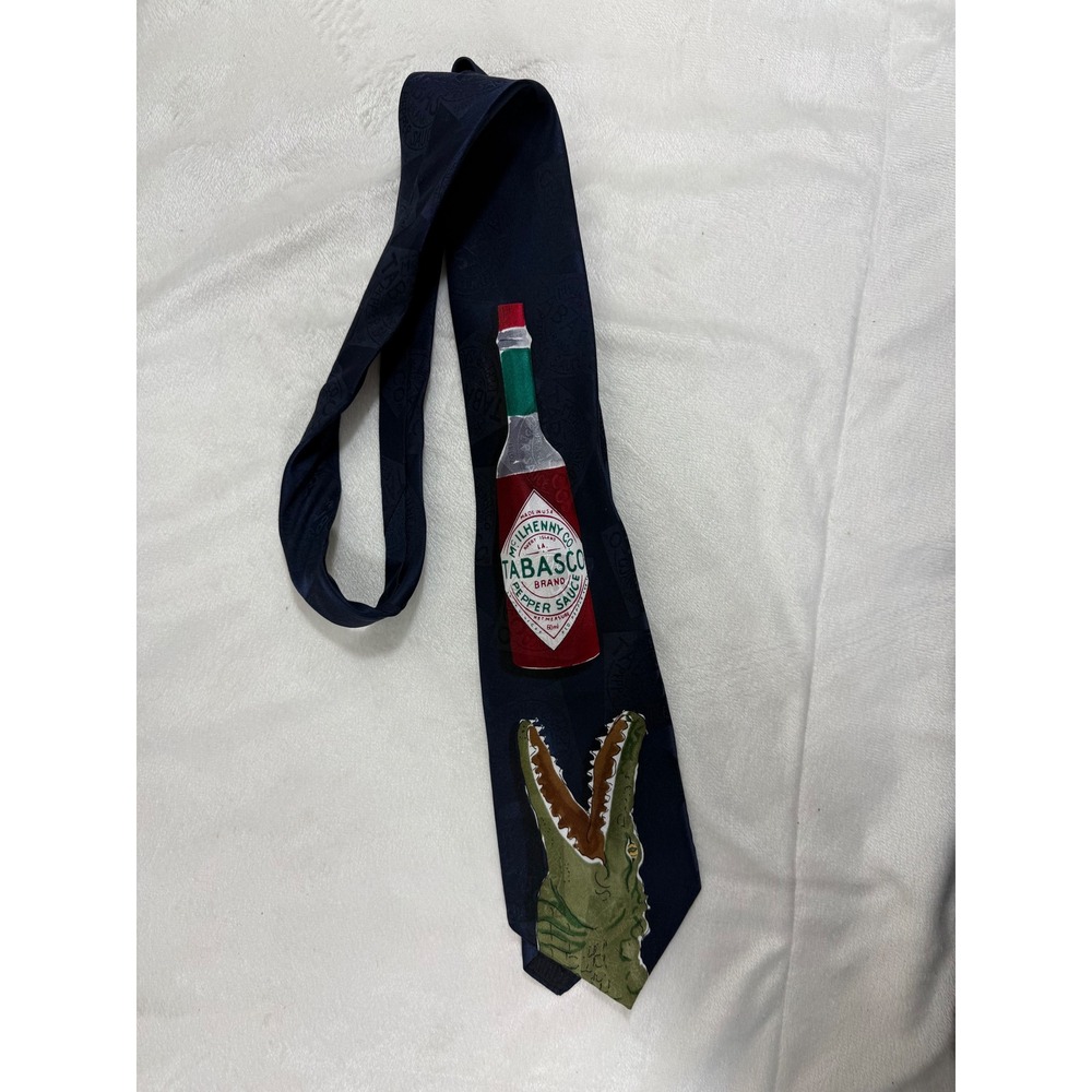 Vintage Tabasco Men's Tie Navy Blue Alligator Hot Sauce Novelty Silk USA